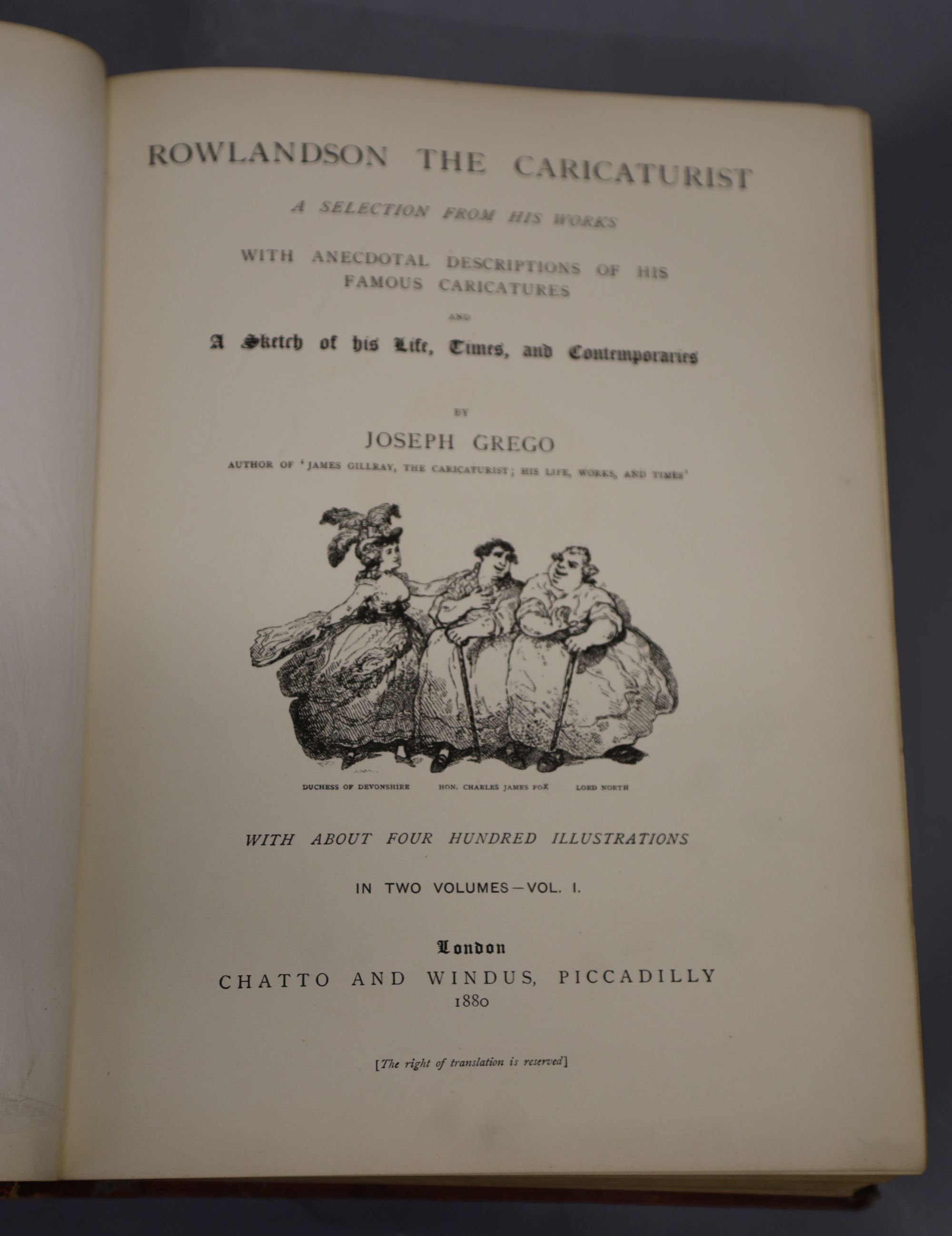 Grego, Joseph - Rowlandson the Caricaturist, 2 vols, qto, quarter red morocco, Chatto and Windus, London 1880